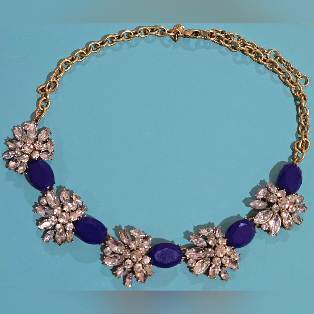 ​J. Crew Cobalt Blue & Sparkling Crystal‎ Floral Statement Necklace NWOT